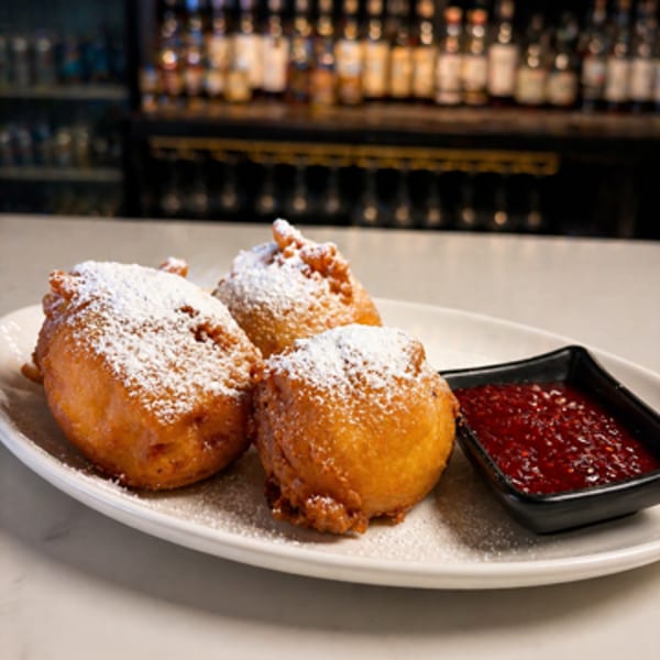 Three golden-brown fritters dusted with powdered sugar, served with a side of red jam.