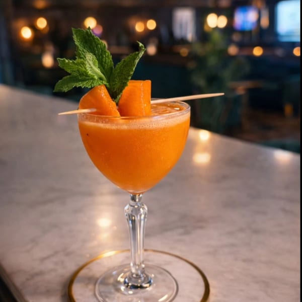 Orange cocktail garnished with mint and cantaloupe on a marble bar with bokeh lights.