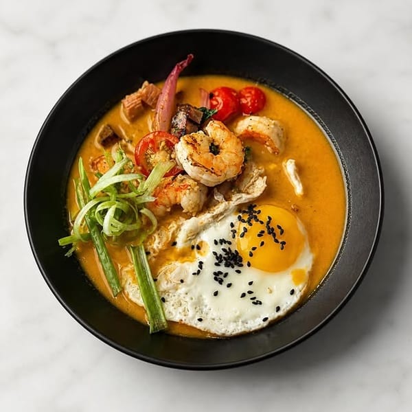 Spicy shrimp ramen with a fried egg, scallions, and cherry tomatoes in a black bowl.